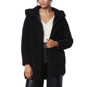 Andrew Marc New York Womens Seneca Faux-Fur Hooded Teddy Coat Black Extra Large